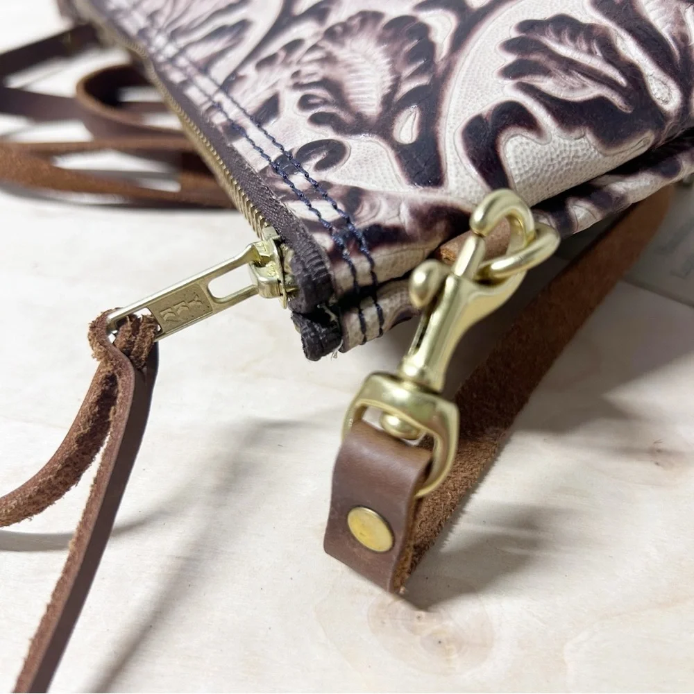Bear Creek Leather Crossbody Bag with an Embossed Floral Design, Handmade, Brown